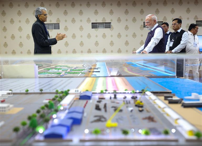 PM inspects an exhibition on ‘Samudra Se Samriddhi’ at National Maritime Heritage Complex (NHMC), in Gujarat on September 20, 2025.