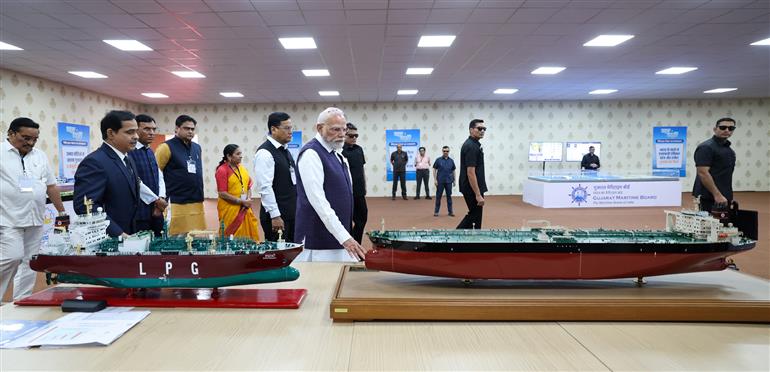 PM inspects an exhibition on ‘Samudra Se Samriddhi’ at National Maritime Heritage Complex (NHMC), in Gujarat on September 20, 2025.