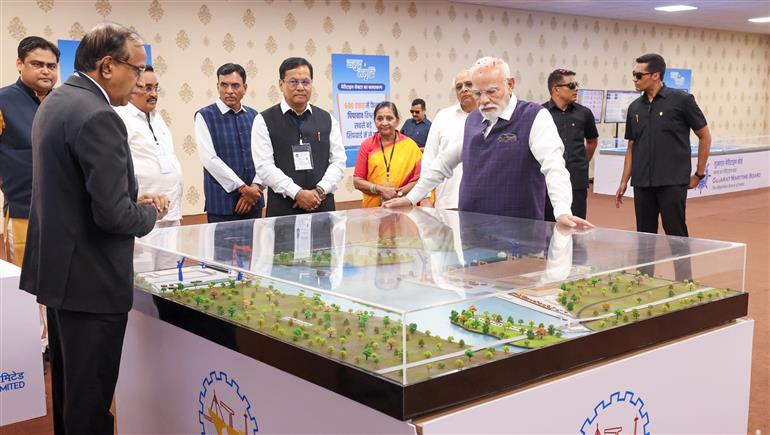PM inspects an exhibition on ‘Samudra Se Samriddhi’ at National Maritime Heritage Complex (NHMC), in Gujarat on September 20, 2025.
