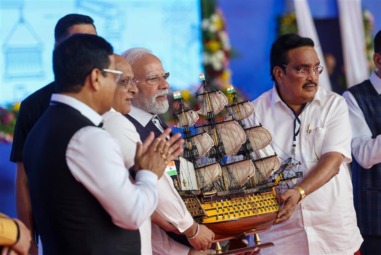 PM participates in ‘Samudra se Samriddhi’ programme on the sidelines of the inauguration and laying the foundation stone of multiple development projects at Bhavnagar, in Gujarat on September 20, 2025.