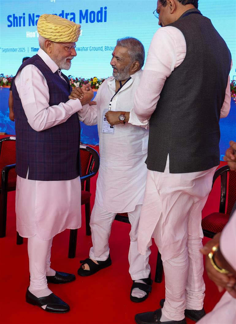PM participates in ‘Samudra se Samriddhi’ programme on the sidelines of the inauguration and laying the foundation stone of multiple development projects at Bhavnagar, in Gujarat on September 20, 2025.