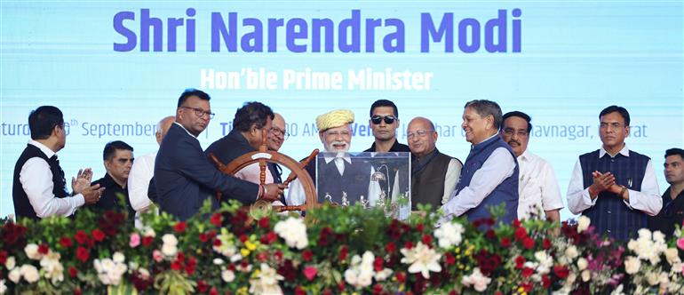 PM participates in ‘Samudra se Samriddhi’ programme on the sidelines of the inauguration and laying the foundation stone of multiple development projects at Bhavnagar, in Gujarat on September 20, 2025.