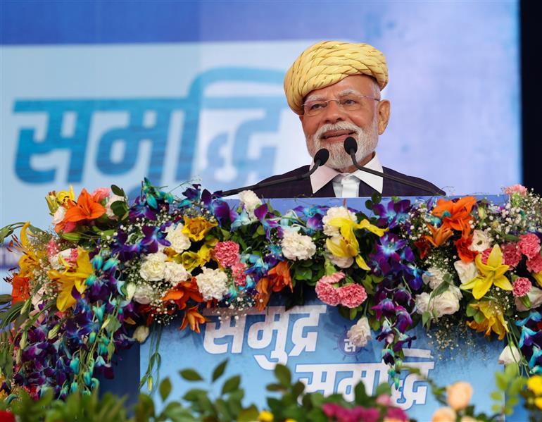 PM addressing the gathering at ‘Samudra se Samriddhi’ programme on the sidelines of the inauguration and laying the foundation stone of multiple development projects at Bhavnagar, in Gujarat on September 20, 2025.