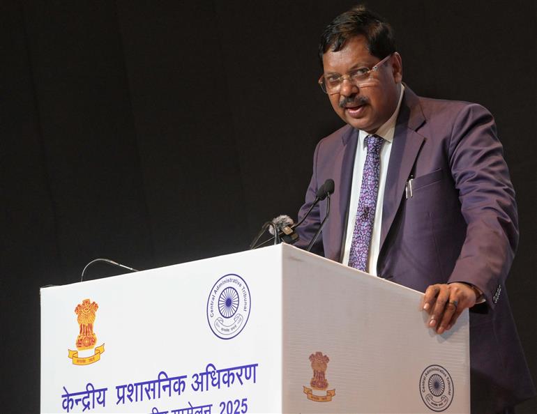 The Chief Justice of India, Justice Bhushan Ramkrishna Gavai addressing the 10th All India Conference of the Central Administrative Tribunal 2025 at Bharat Mandapam, in New Delhi on September 20, 2025.