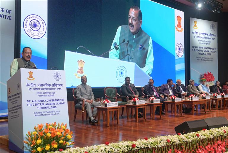 The Minister of State for Science & Technology (Independent Charge), Earth Sciences (Independent Charge), Prime Minister’s Office, Personnel, Public Grievances & Pensions, Atomic Energy and Space, Dr. Jitendra Singh addressing the 10th All India Conference of the Central Administrative Tribunal 2025 at Bharat Mandapam, in New Delhi on September 20, 2025.
