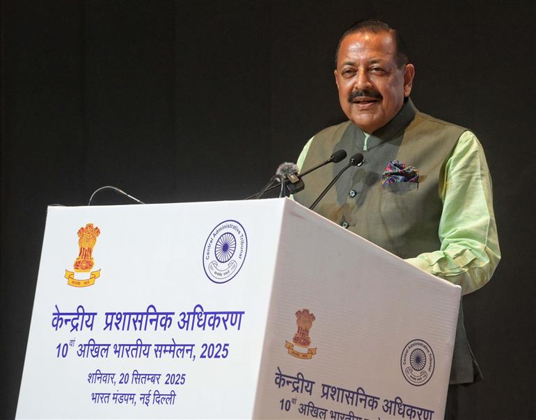 The Minister of State for Science & Technology (Independent Charge), Earth Sciences (Independent Charge), Prime Minister’s Office, Personnel, Public Grievances & Pensions, Atomic Energy and Space, Dr. Jitendra Singh addressing the 10th All India Conference of the Central Administrative Tribunal 2025 at Bharat Mandapam, in New Delhi on September 20, 2025.
