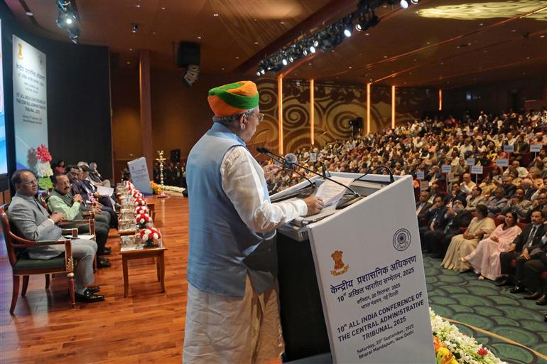 The Minister of State (Independent Charge) for Law and Justice & Parliamentary Affairs, Shri Arjun Ram Meghwal addressing the 10th All India Conference of the Central Administrative Tribunal 2025 at Bharat Mandapam, in New Delhi on September 20, 2025.