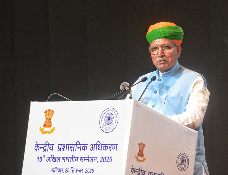 The Minister of State (Independent Charge) for Law and Justice & Parliamentary Affairs, Shri Arjun Ram Meghwal addressing the 10th All India Conference of the Central Administrative Tribunal 2025 at Bharat Mandapam, in New Delhi on September 20, 2025.