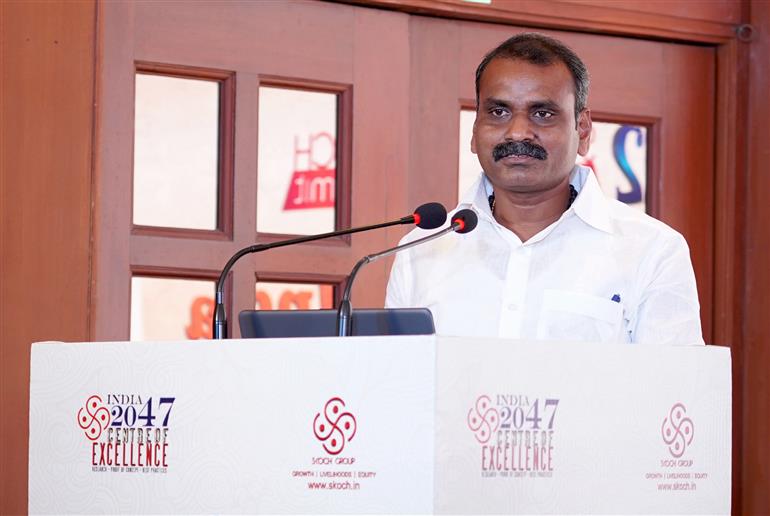 The Minister of State for Information and Broadcasting and Parliamentary Affairs, Dr. L. Murugan addressing at the release of the book of ModiNomics: The Journey of Inclusive Growth by Shri Sameer Kochhar, Chairman of the SKOCH Group, in New Delhi on September 20, 2025.