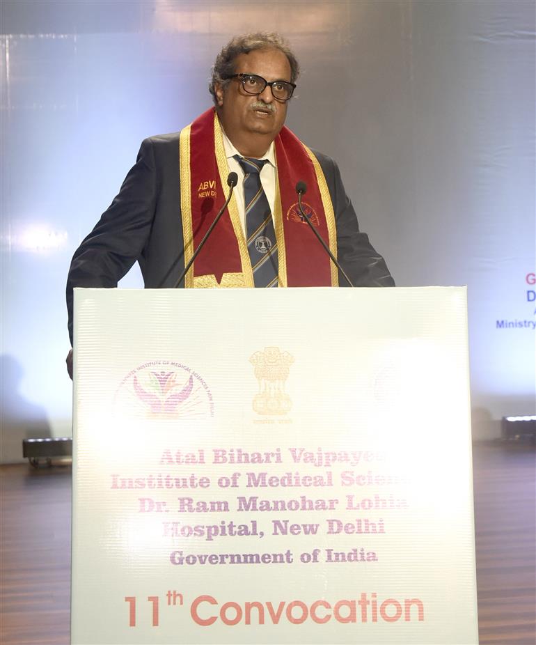 National Medical Commission Chairman, Dr. Abhijat Chandrakant Sheth addressing at the 11th Convocation Ceremony of Atal Bihari Vajpayee Institute of Medical Sciences & Dr Ram Manohar Lohia Hospital at Bharat Mandapam, in New Delhi on September 20, 2025.