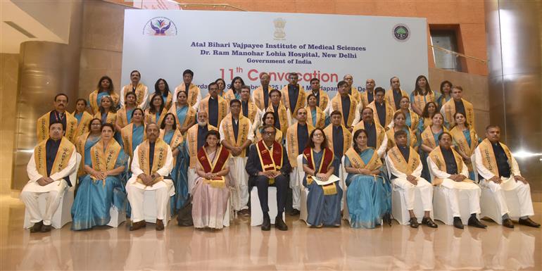 National Medical Commission Chairman, Dr. Abhijat Chandrakant Sheth in a group photograph at the 11th Convocation Ceremony of Atal Bihari Vajpayee Institute of Medical Sciences & Dr Ram Manohar Lohia Hospital at Bharat Mandapam, in New Delhi on September 20, 2025.