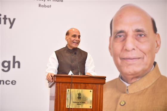 The Union Minister for Defence, Shri Rajnath Singh addressing the Indian Community in Rabat, Morocco on September 21, 2025.