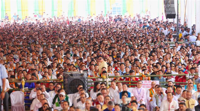 Gathering at the foundation stone laying of various projects at Itanagar, in Arunachal Pradesh on September 22, 2025. PM addressing on the occasion.