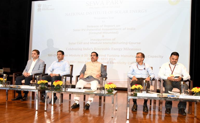 The Union Minister of Consumer Affairs, Food & Public Distribution and New & Renewable Engergy, Shri Pralhad Joshi attends the release of report on Solar PV Potential Assessment in India (Ground Mounted) & inauguration of Training Programme on Solar Cell and Module Manufacturing course organised by National Institute of Solar energy & Ministry of New and Renewable Energy, in New Delhi on September 23, 2025.