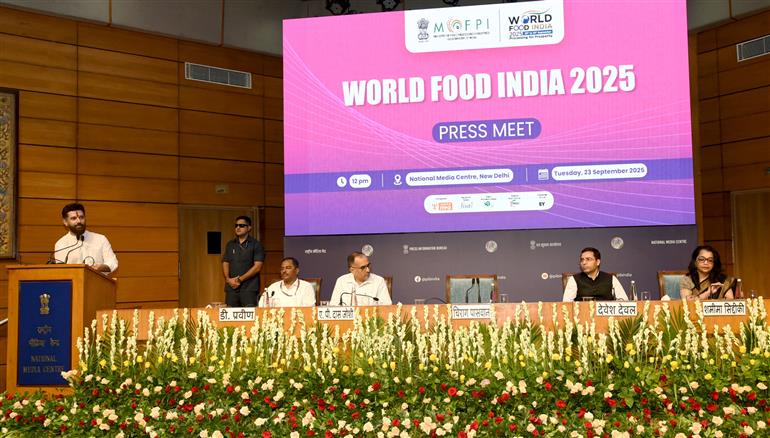 The Union Minister of Food Processing Industries, Shri Chirag Paswan addressing a press meet on the 4th edition of the global mega food event - World Food India (WFI) 2025 at National Media Center, in New Delhi on September 23, 2025.