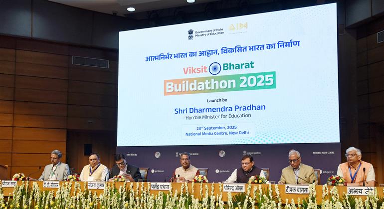 The Union Minister of Education, Shri Dharmendra Pradhan attends the launch of Viksit Bharat Buildathon 2025 at National Media Center, in New Delhi on September 23, 2025.