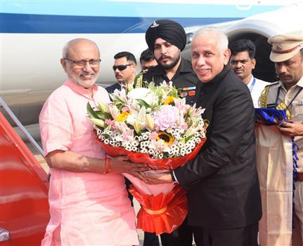 The Vice-President of India, Shri C. P. Radhakrishnan being welcomed by Governor of Andhra Pradesh, Shri S. Abdul Nazeer and the Chief Minister of Andhra Pradesh, Shri N. Chandrababu Naidu on his arrival at Vijayawada airport, in Andhra Pradesh on September 24, 2025.
