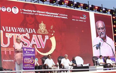 The Vice-President of India, Shri C. P. Radhakrishnan addressing the Vijaywada Utsav event, in Andhra Pradesh on September 24, 2025.