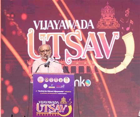 The Vice-President of India, Shri C. P. Radhakrishnan addressing the Vijaywada Utsav event, in Andhra Pradesh on September 24, 2025.