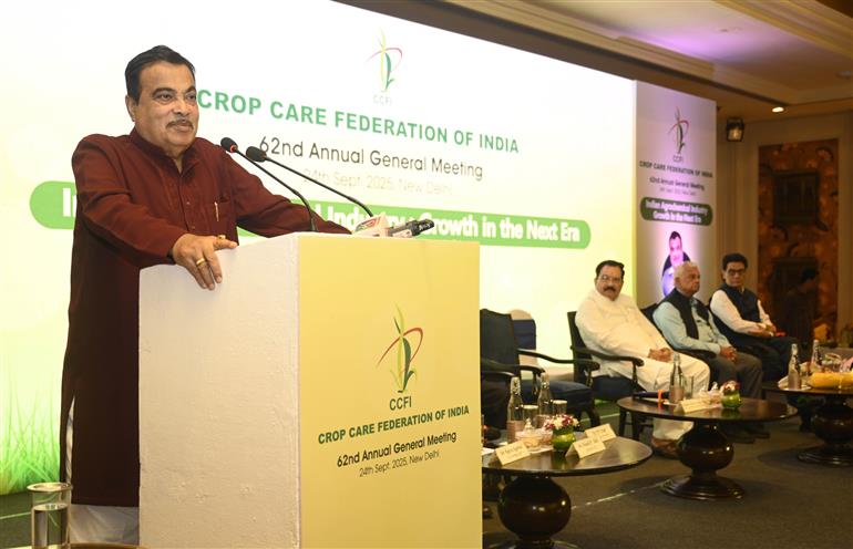 The Union Minister of Road Transport and Highways, Shri Nitin Gadkari addressing the Annual General Meeting (AGM) of Crop Care Federation of India at ITC Maurya, in New Delhi on September 24, 2025.