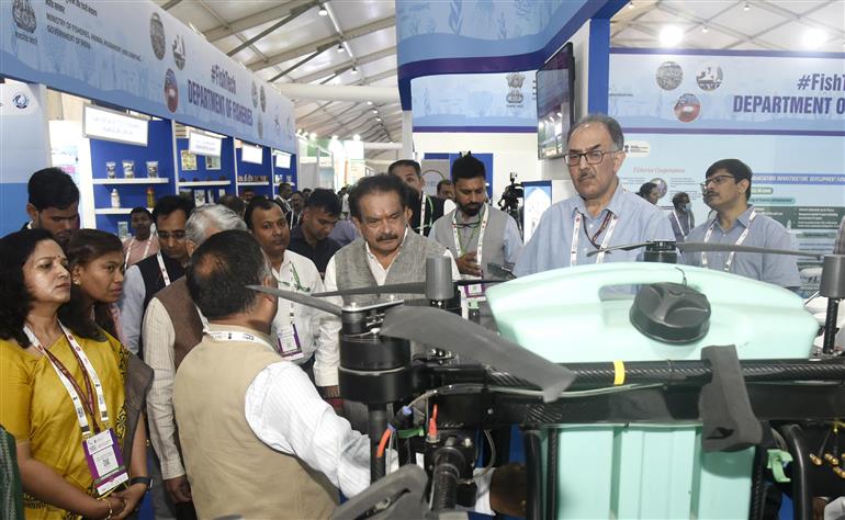 The Minister of State for Fisheries, Animal Husbandry and Dairying and Panchayati Raj, Prof. S.P. Singh Baghel visits an exhibition during the inauguration of the Fish Tech pavilion at World Food India 2025, in Bharat Mandapam, New Delhi on September 25, 2025. 