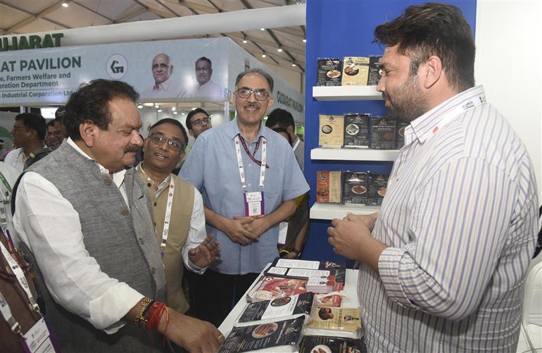 The Minister of State for Fisheries, Animal Husbandry and Dairying and Panchayati Raj, Prof. S.P. Singh Baghel visits an exhibition during the inauguration of the Fish Tech pavilion at World Food India 2025, in Bharat Mandapam, New Delhi on September 25, 2025. 
