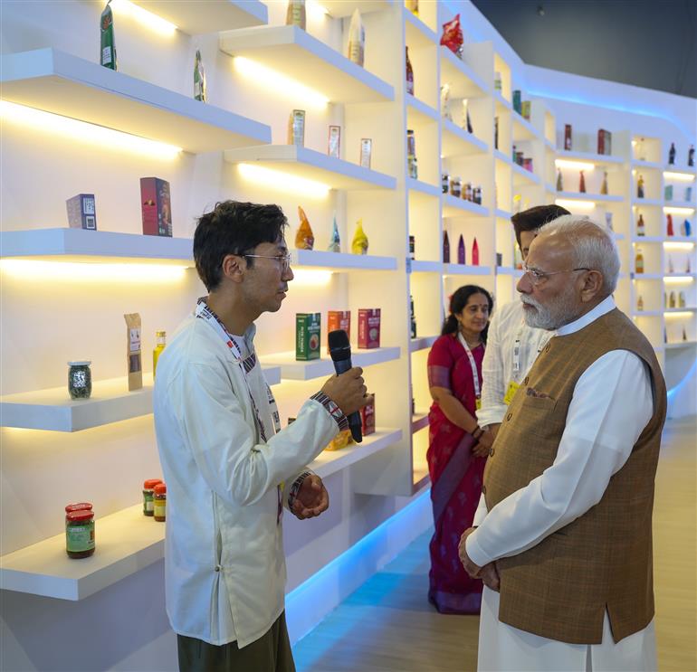 PM took a walkthrough of the exhibition showcased on the World Food India-2025 at Bharat Mandapam, in New Delhi on September 25, 2025.