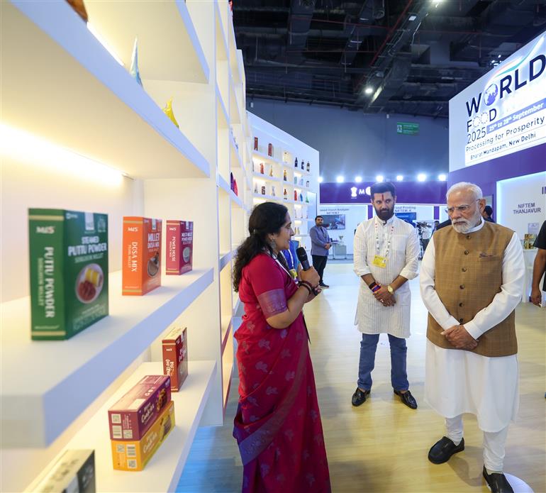 PM took a walkthrough of the exhibition showcased on the World Food India-2025 at Bharat Mandapam, in New Delhi on September 25, 2025.