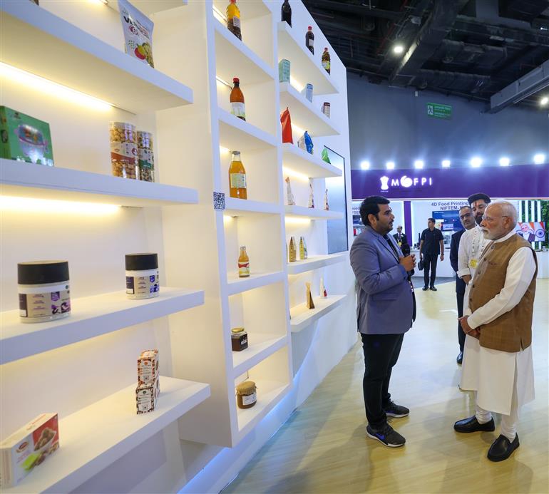PM took a walkthrough of the exhibition showcased on the World Food India-2025 at Bharat Mandapam, in New Delhi on September 25, 2025.