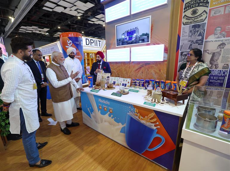 PM took a walkthrough of the exhibition showcased on the World Food India-2025 at Bharat Mandapam, in New Delhi on September 25, 2025.