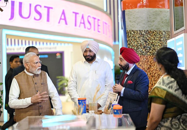 PM took a walkthrough of the exhibition showcased on the World Food India-2025 at Bharat Mandapam, in New Delhi on September 25, 2025.