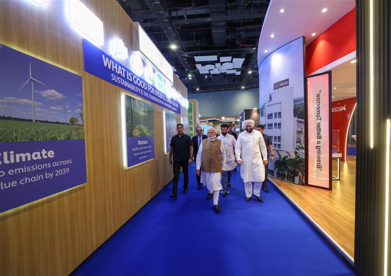 PM took a walkthrough of the exhibition showcased on the World Food India-2025 at Bharat Mandapam, in New Delhi on September 25, 2025.