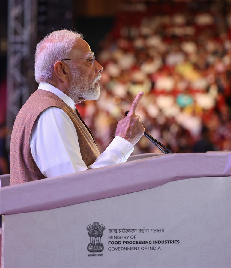 PM addressing the gathering during the World Food India-2025 at Bharat Mandapam, in New Delhi on September 25, 2025.