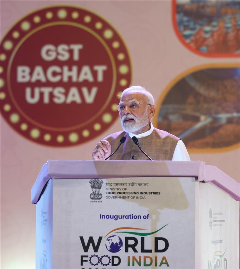 PM addressing the gathering during the World Food India-2025 at Bharat Mandapam, in New Delhi on September 25, 2025.