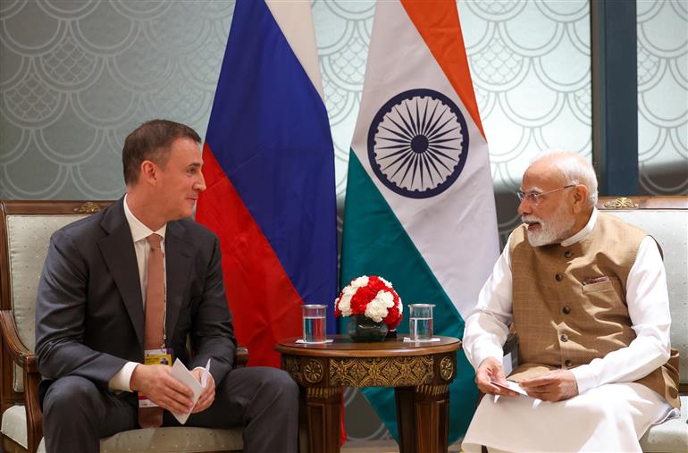 PM meets the Deputy Prime Minister of the Russian Federation, Mr. Dmitry Patrushev on the sidelines of the World Food India-2025 at Bharat Mandapam, in New Delhi on September 25, 2025.