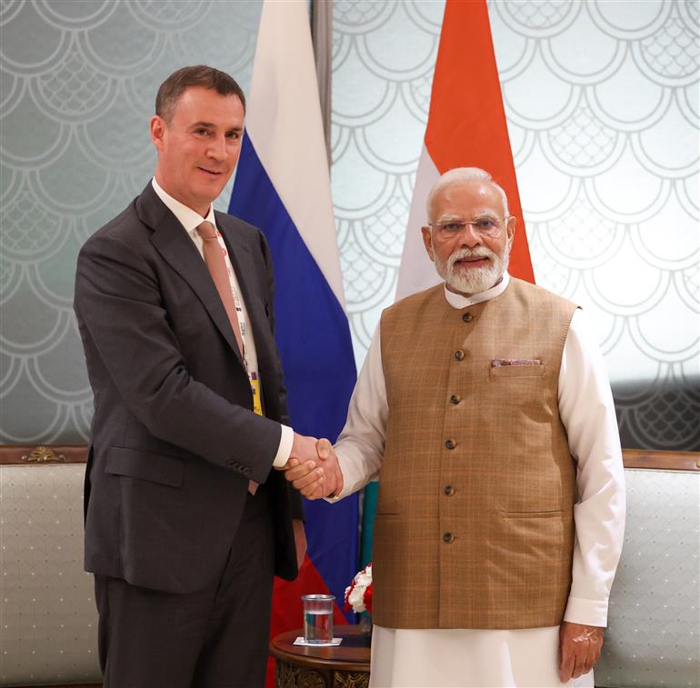 PM meets the Deputy Prime Minister of the Russian Federation, Mr. Dmitry Patrushev on the sidelines of the World Food India-2025 at Bharat Mandapam, in New Delhi on September 25, 2025.