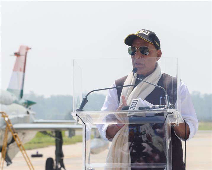 The Union Minister for Defence, Shri Rajnath Singh addressing the Decommissioning Ceremony of Mig-21, in Chandigarh on September 26, 2025. 