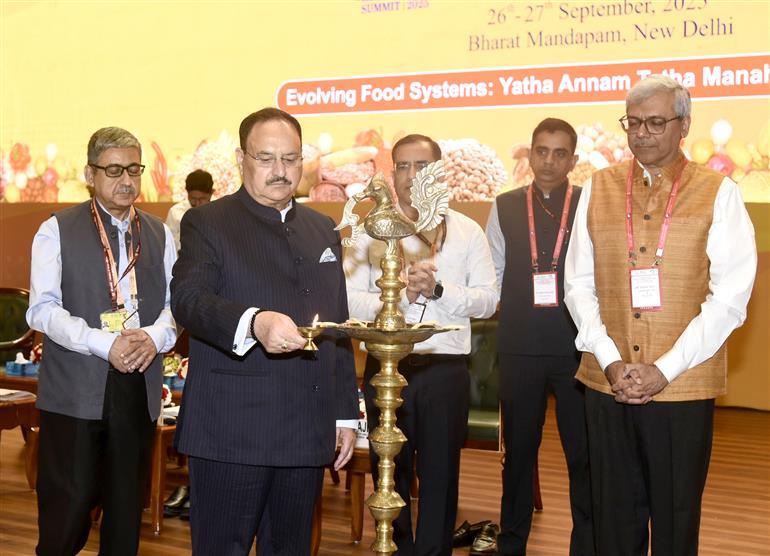 The Union Minister of Health and Family Welfare & Chemicals and Fertilizers, Shri Jagat Prakash Nadda lighting the lamp at the inauguration of the Third Edition of Global Food Regulators Summit 2025 at Bharat Mandapam, in New Delhi on September 26, 2025.