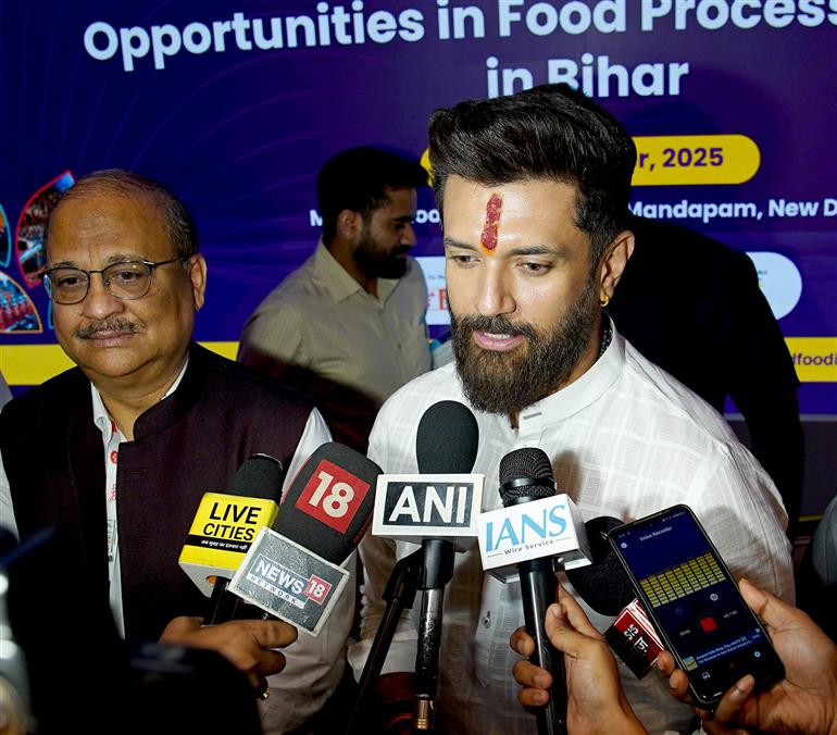 The Union Minister of Food Processing Industries, Shri Chirag Paswan interacting with media during the session on ‘Opportunities in the Food Processing Sector in Bihar’ at World Food India 2025, in Bharat Mandapam, New Delhi on September 26, 2025.