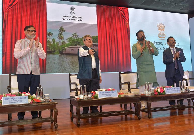 The Vice Chairperson of Niti Aayog Shri. Suman Bery inaugurates the World Tourism Day celebrations organized by the Ministry of Tourism at Sushma Swaraj Bhawan, in New Delhi on September 27, 2025. The Minister of State for Petroleum and Natural Gas & Tourism, Shri Suresh Gopi present on the occasion.
