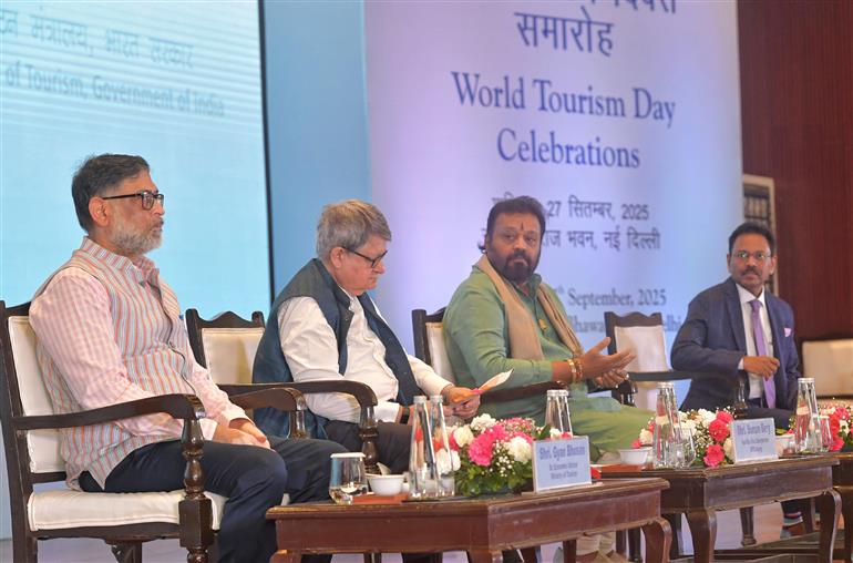 The Minister of State for Petroleum and Natural Gas & Tourism, Shri Suresh Gopi and the Vice Chairperson of Niti Aayog Shri. Suman Bery attends the World Tourism Day celebrations organized by the Ministry of Tourism at Sushma Swaraj Bhawan, in New Delhi on September 27, 2025. 