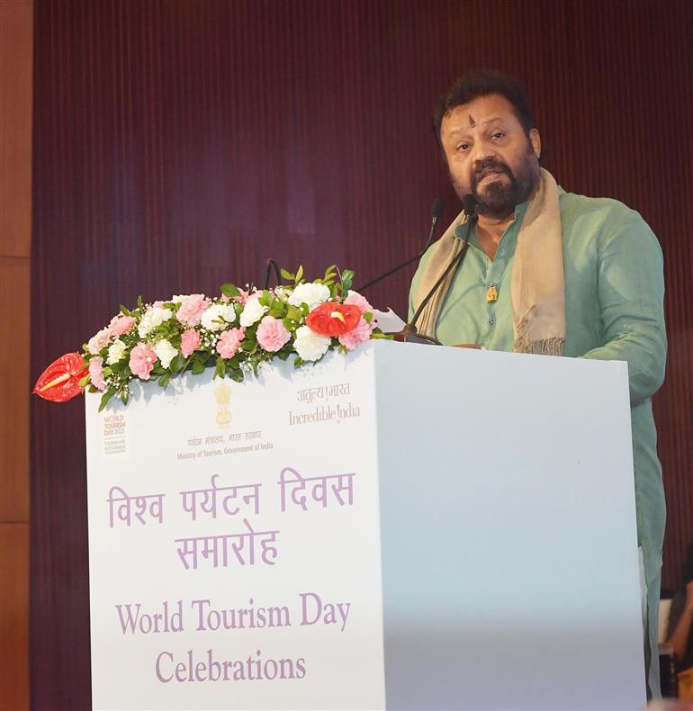 The Minister of State for Petroleum and Natural Gas & Tourism, Shri Suresh Gopi addressing at the World Tourism Day celebrations organized by the Ministry of Tourism at Sushma Swaraj Bhawan, in New Delhi on September 27, 2025. 