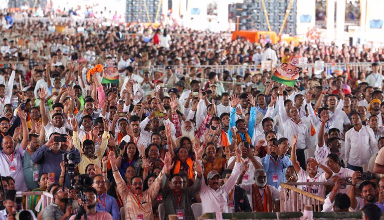 Gathering at the foundation stone laying and inauguration of multiple development projects at Jharsuguda, in Odisha on September 27, 2025. PM addressing on the occasion.