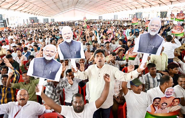 Gathering at the foundation stone laying and inauguration of multiple development projects at Jharsuguda, in Odisha on September 27, 2025. PM addressing on the occasion.
