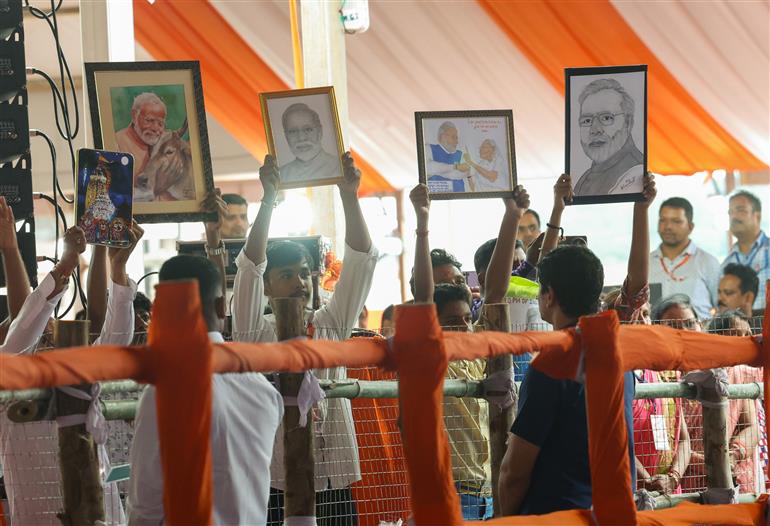Gathering at the foundation stone laying and inauguration of multiple development projects at Jharsuguda, in Odisha on September 27, 2025. PM addressing on the occasion.