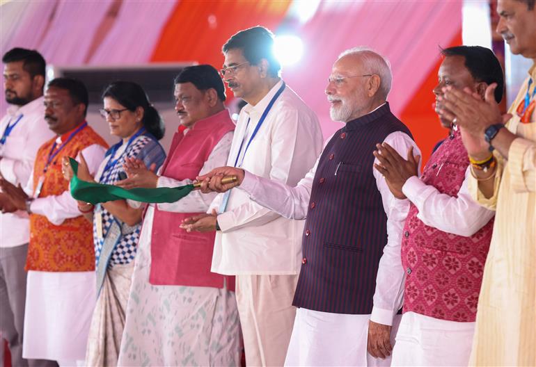 PM lays the foundation stone and inaugurates multiple development projects at Jharsuguda, in Odisha on September 27, 2025.