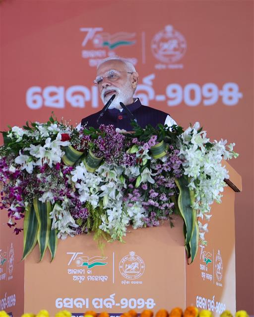 PM addressing at the foundation stone laying and inauguration of multiple development projects at Jharsuguda, in Odisha on September 27, 2025.