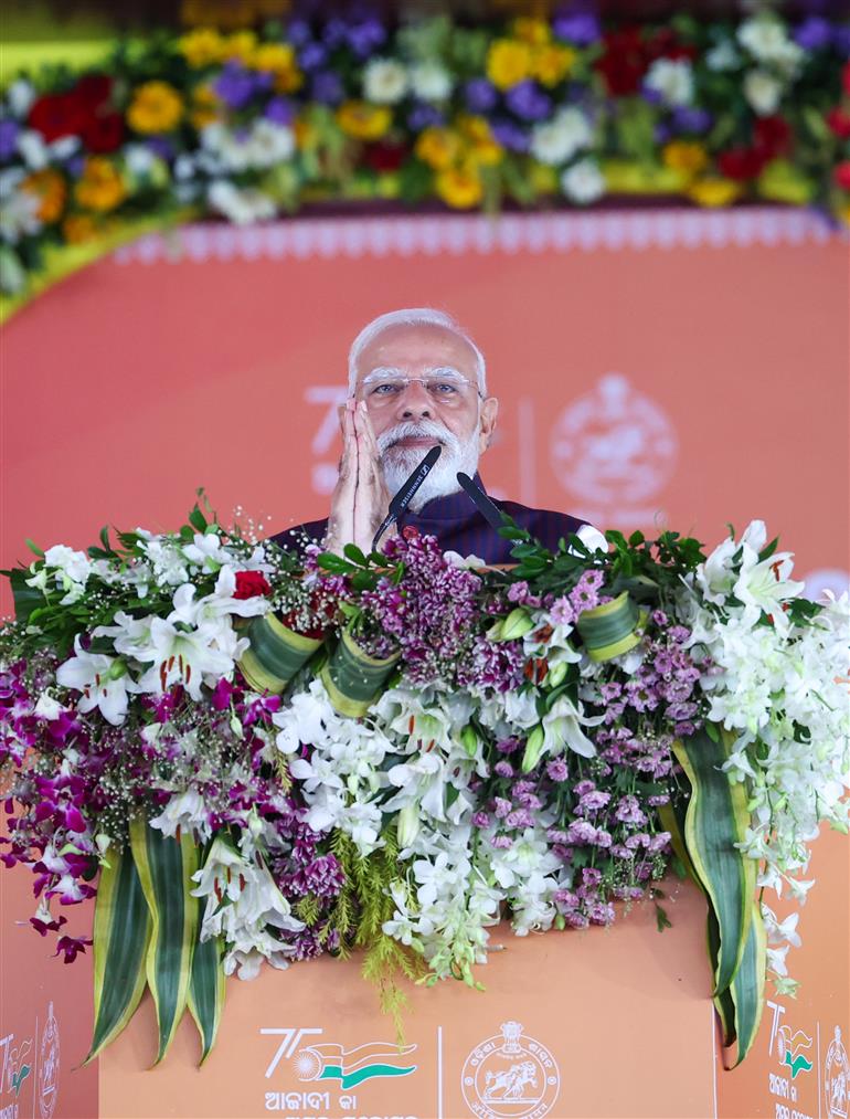 PM addressing at the foundation stone laying and inauguration of multiple development projects at Jharsuguda, in Odisha on September 27, 2025.