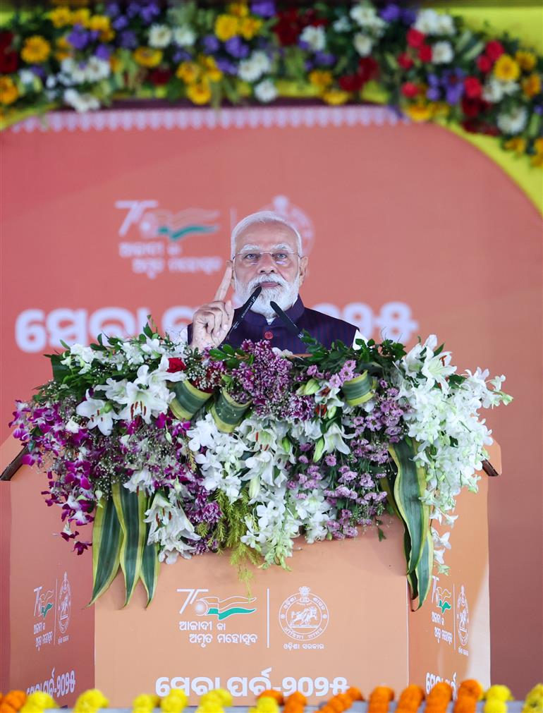 PM addressing at the foundation stone laying and inauguration of multiple development projects at Jharsuguda, in Odisha on September 27, 2025.