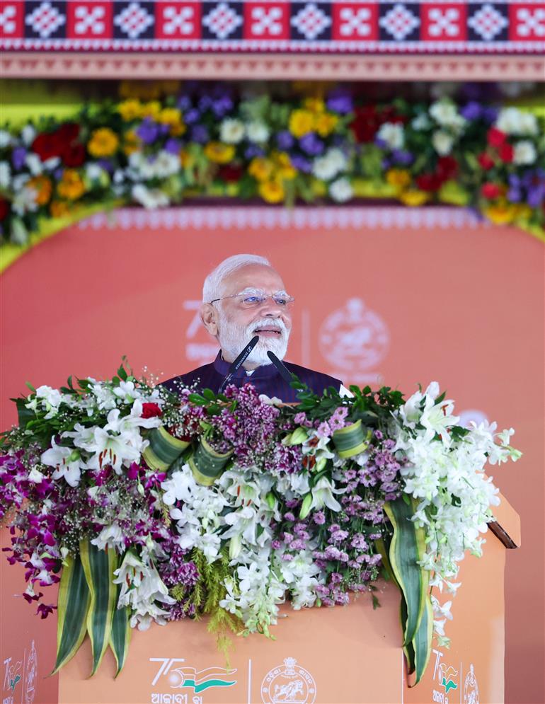PM addressing at the foundation stone laying and inauguration of multiple development projects at Jharsuguda, in Odisha on September 27, 2025.